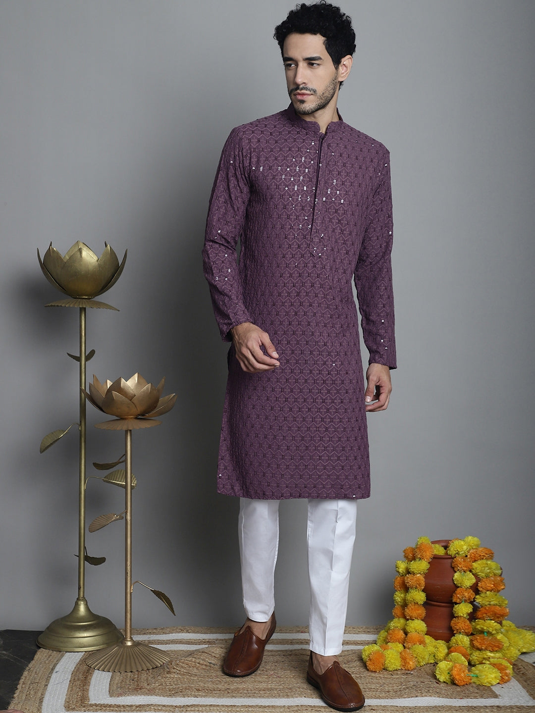 Jompers Men's Chikankari Embroidered and Sequence Kurta with Pyjama - Purple