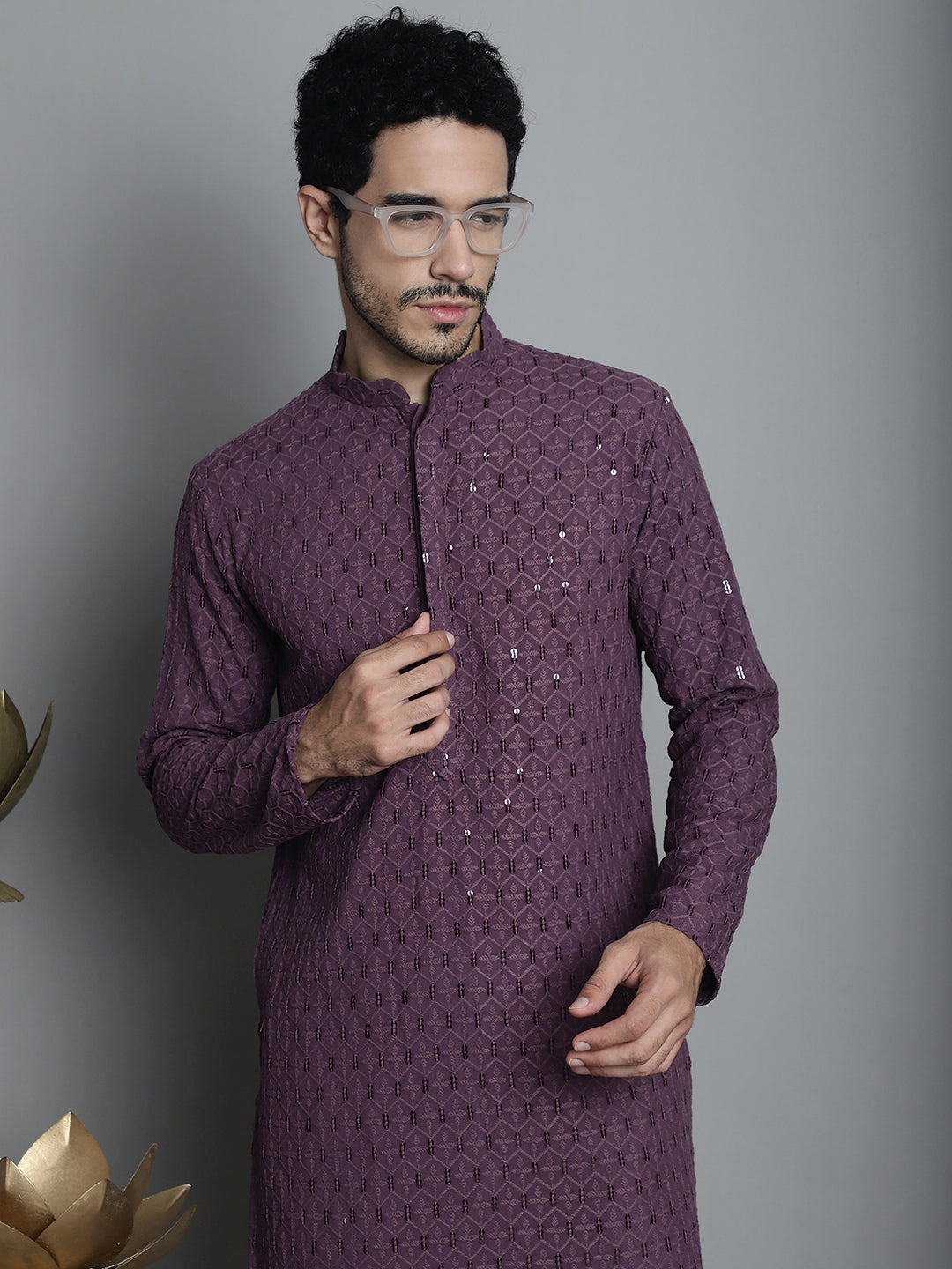Jompers Men's Chikankari Embroidered and Sequence Kurta with Pyjama - Purple