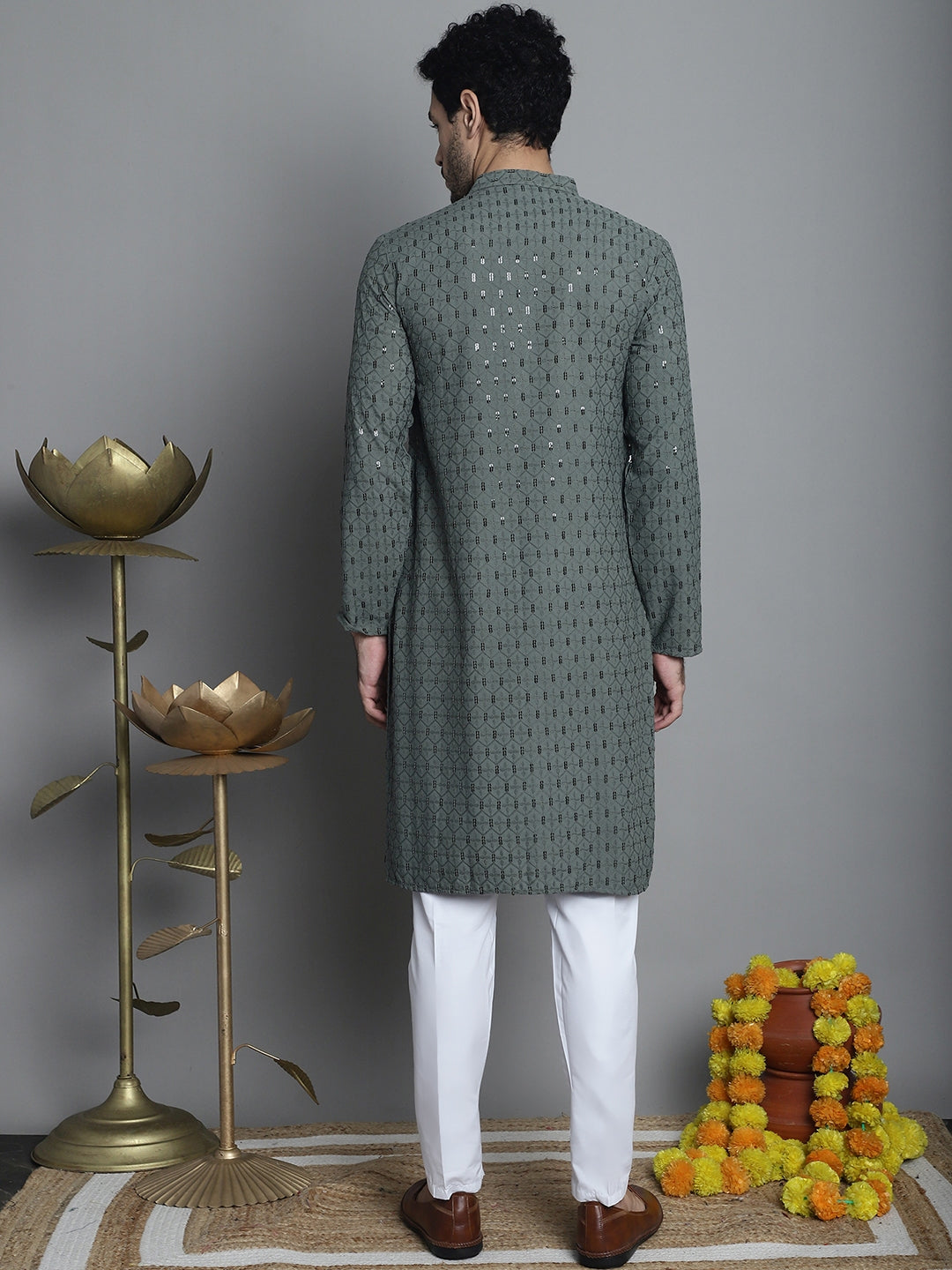Jompers Men's Chikankari Embroidered and Sequence Kurta with Pyjama - Sea-Green