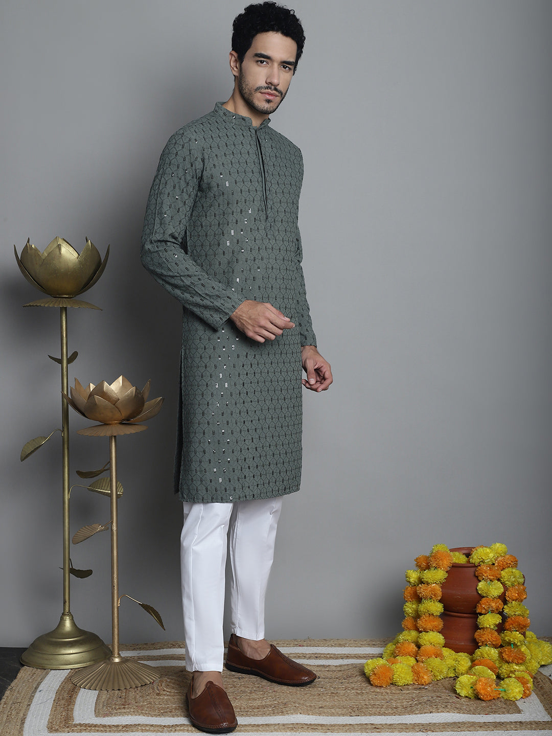 Jompers Men's Chikankari Embroidered and Sequence Kurta with Pyjama - Sea-Green