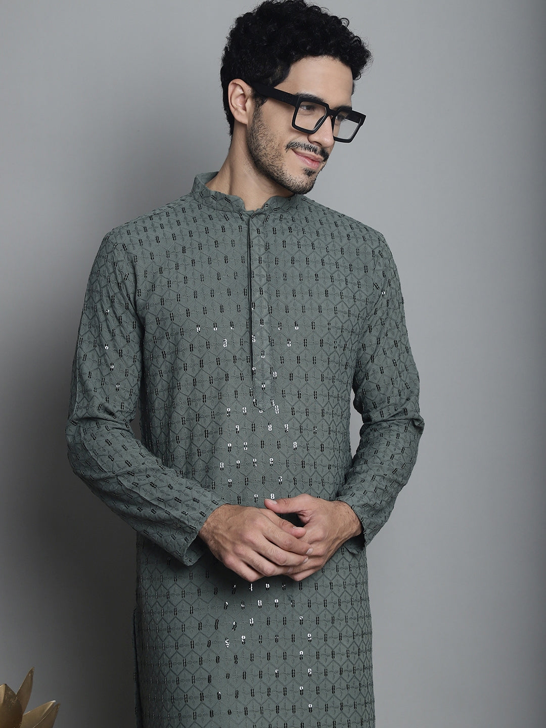 Jompers Men's Chikankari Embroidered and Sequence Kurta with Pyjama - Sea-Green