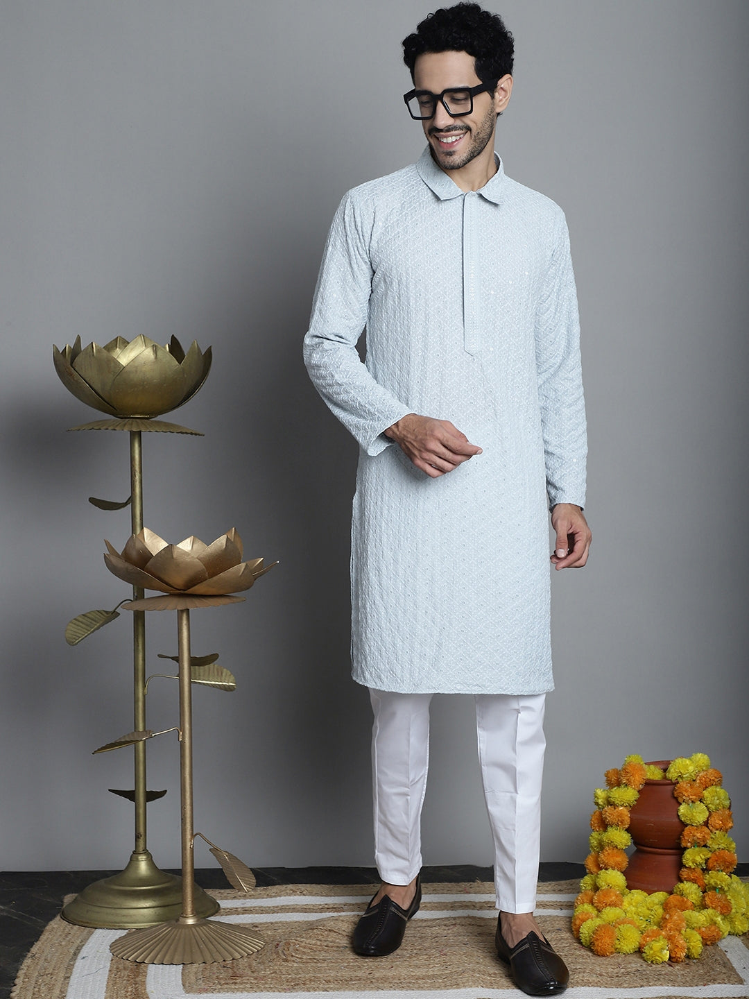 Jompers Men's Chikankari Embroidered and Sequence Kurta with Pyjama - Light-Grey