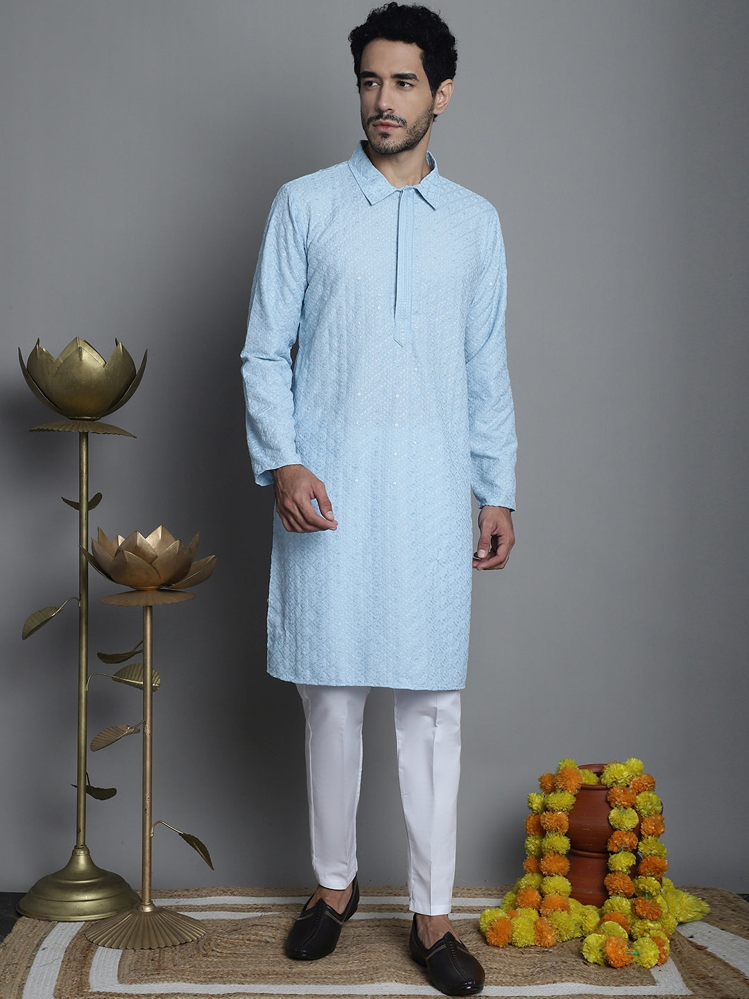 Jompers Men's Chikankari Embroidered and Sequence Kurta with Pyjama - Sky Blue