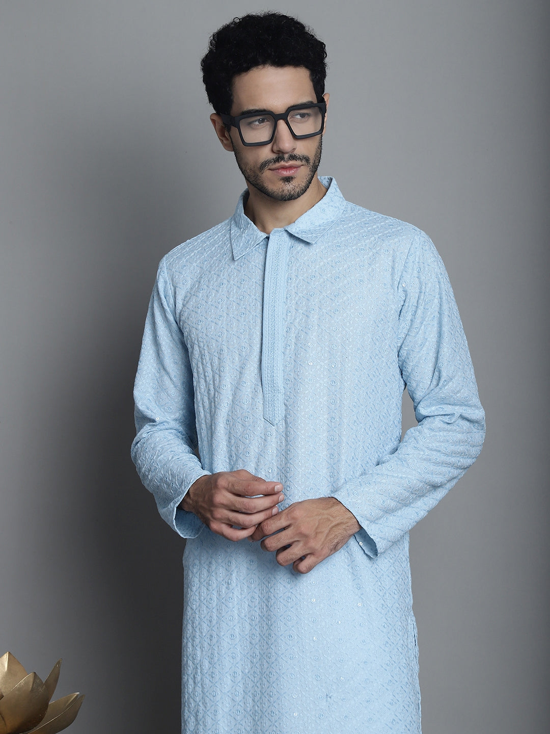 Jompers Men's Chikankari Embroidered and Sequence Kurta with Pyjama - Sky Blue