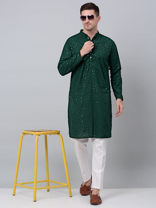 Jompers Men's Olive Green Embroidered Sequinned Kurta with Churidar