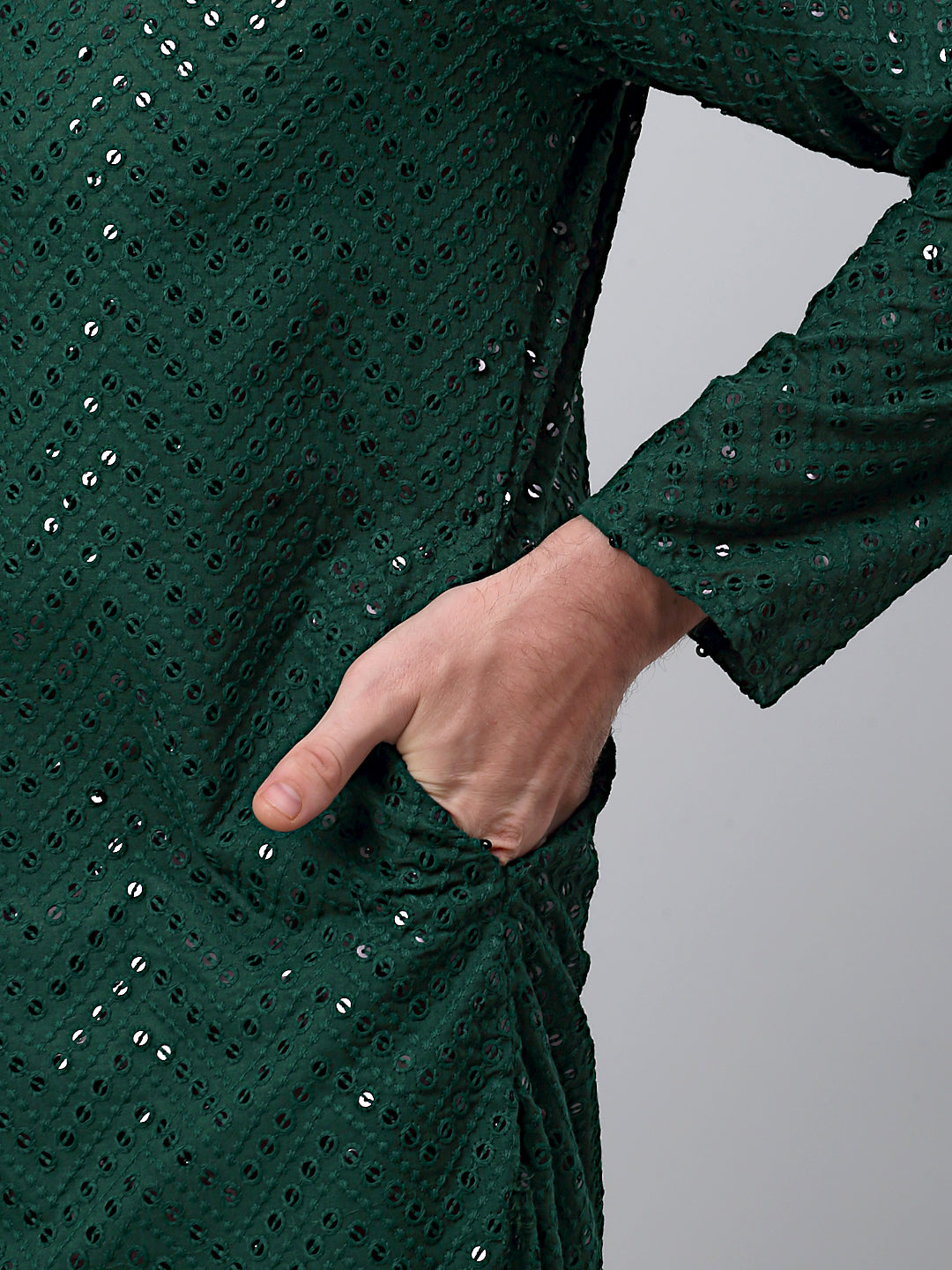 Jompers Men's Olive Green Embroidered Sequinned Kurta with Churidar