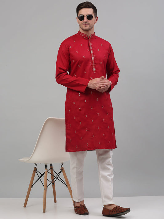 Jompers Men's Maroon Embroidered Straight Kurta Pyjama Set