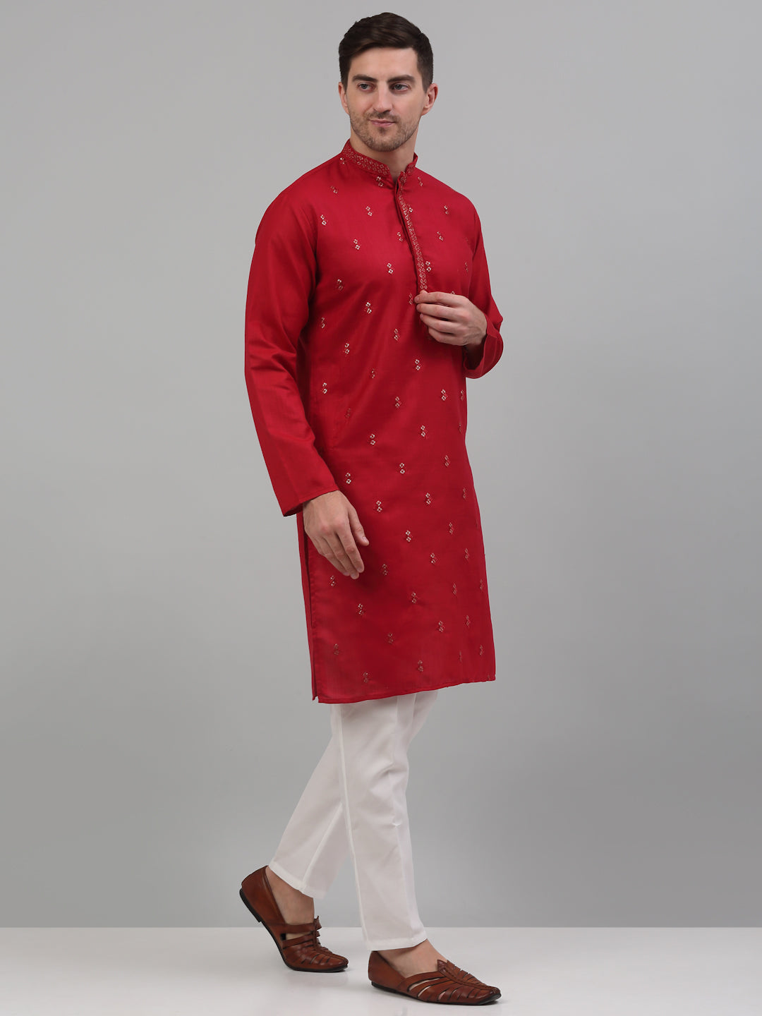 Jompers Men's Maroon Embroidered Straight Kurta Pyjama Set