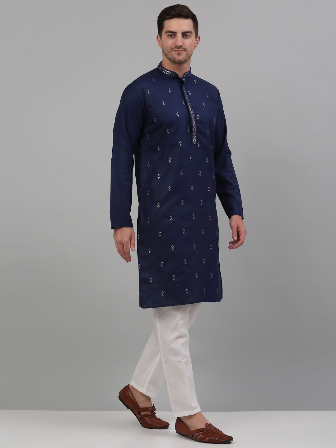 Jompers Men's Navy Blue Embroidered Straight Kurta Pyjama Set