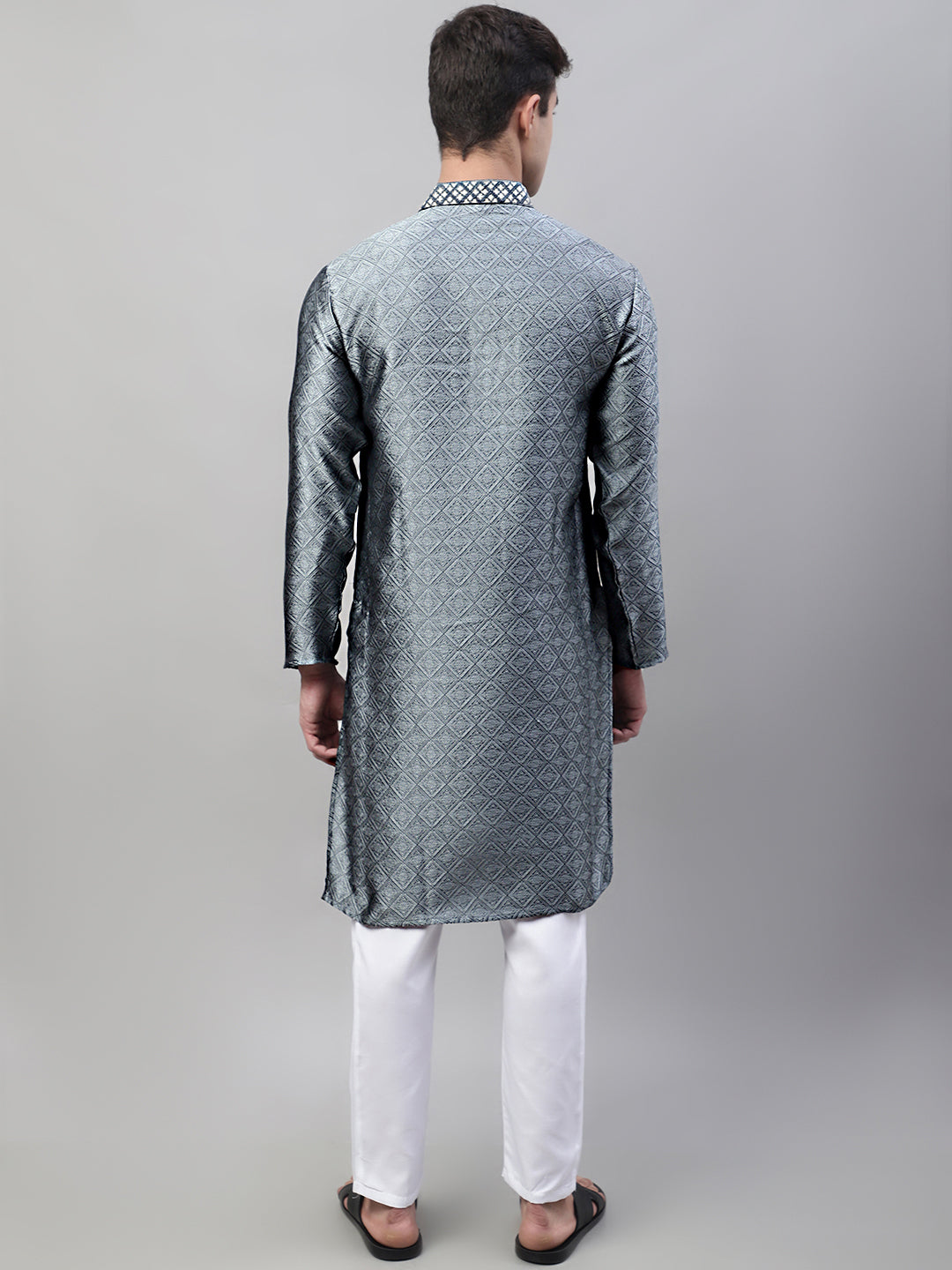 Jompers Men's Grey Collar Embroidered Silk Jacquard Kurta Pyjama