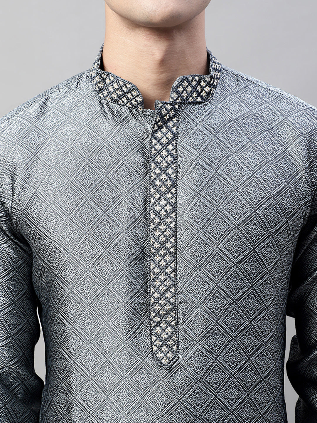 Jompers Men's Grey Collar Embroidered Silk Jacquard Kurta Pyjama