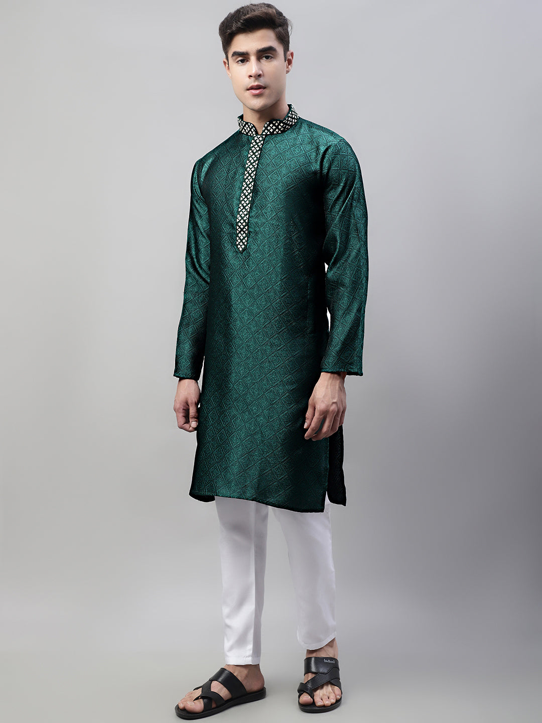 Jompers Men's Olive Green Collar Embroidered Silk Jacquard Kurta Pyjama