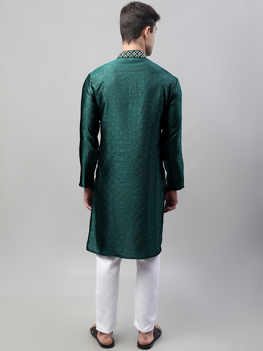 Jompers Men's Olive Green Collar Embroidered Silk Jacquard Kurta Pyjama
