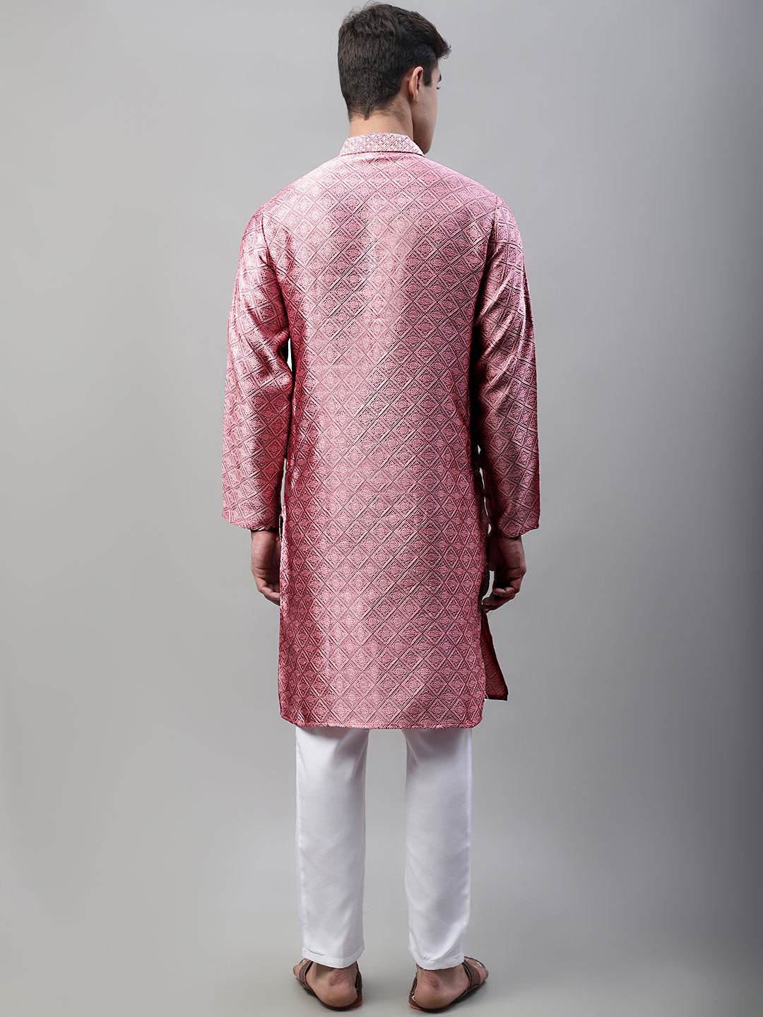 Jompers Men's Pink Collar Embroidered Silk Jacquard Kurta Pyjama
