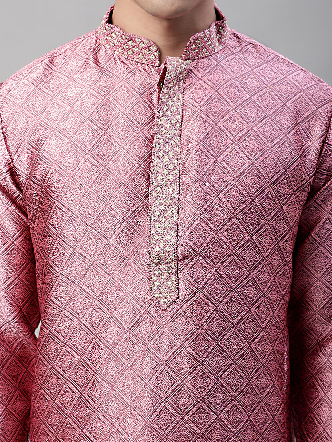 Jompers Men's Pink Collar Embroidered Silk Jacquard Kurta Pyjama