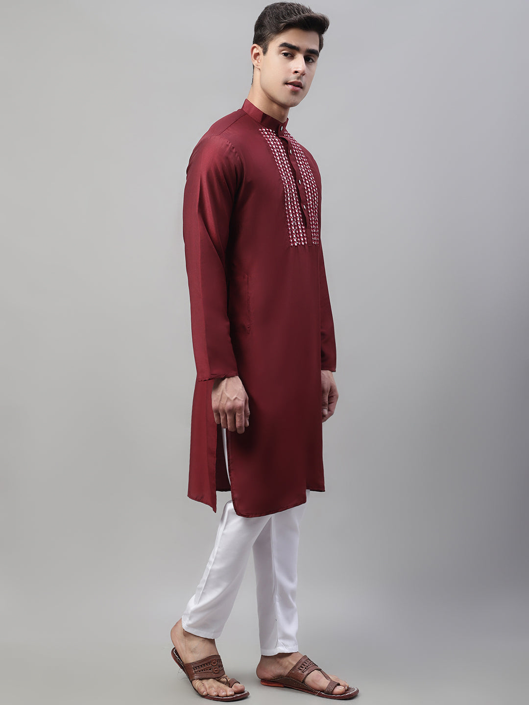 Jompers Men's Maroon Cotton Silk Mirror Work Kurta Pyjama