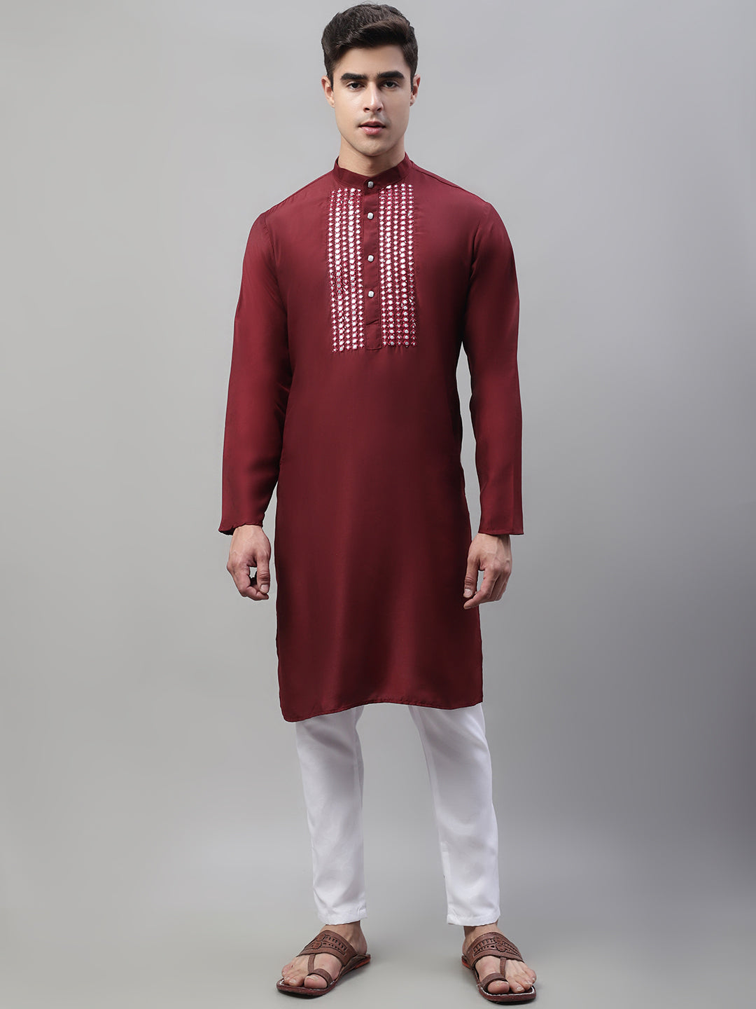 Jompers Men's Maroon Cotton Silk Mirror Work Kurta Pyjama