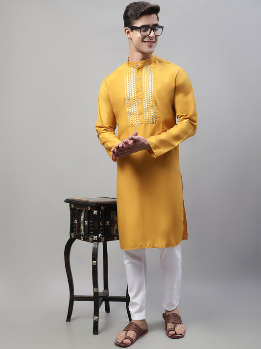 Jompers Men's Mustard Cotton Silk Mirror Work Kurta Pyjama