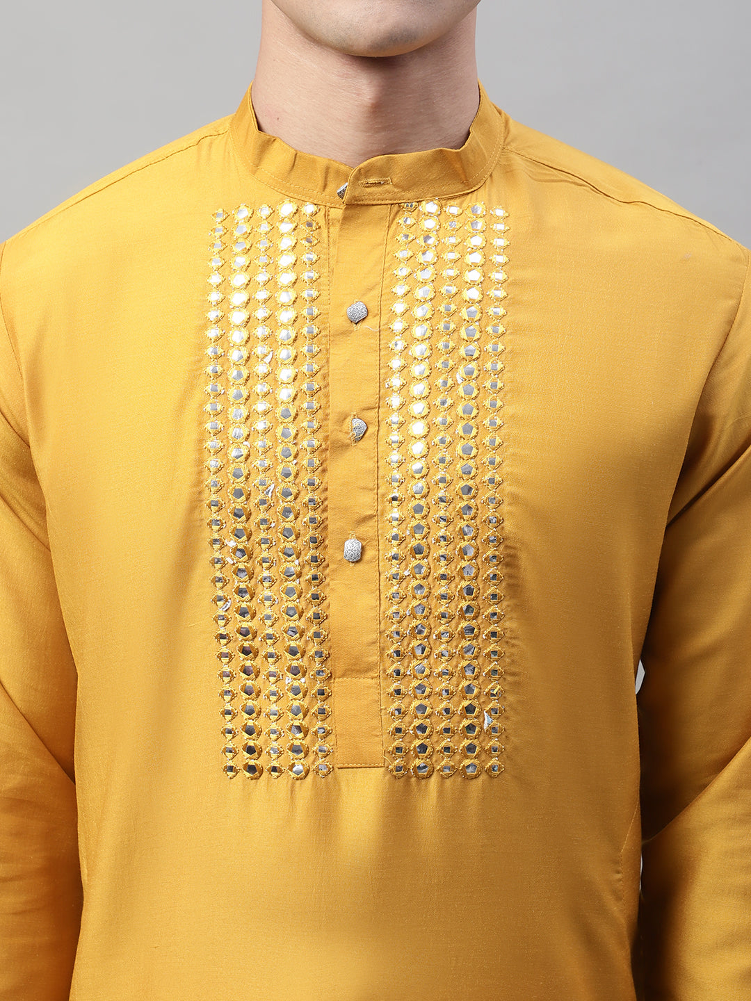 Jompers Men's Mustard Cotton Silk Mirror Work Kurta Pyjama