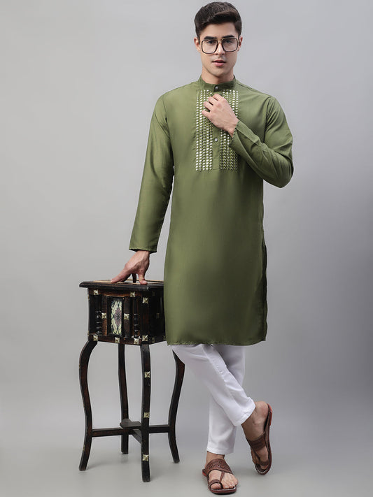 Jompers Men's Olive Green Cotton Silk Mirror Work Kurta Pyjama