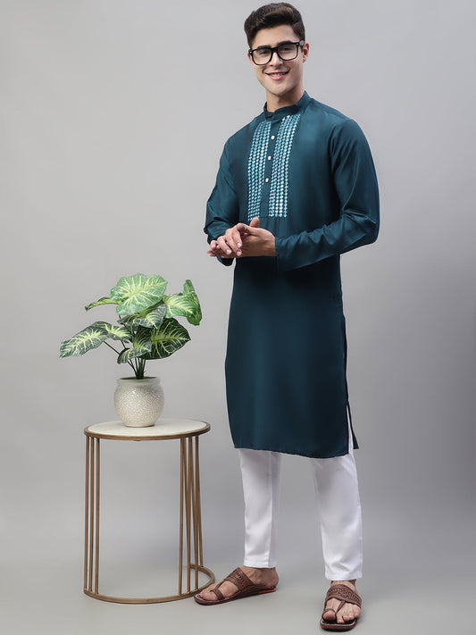 Jompers Men's Teal Blue Cotton Silk Mirror Work Kurta Pyjama