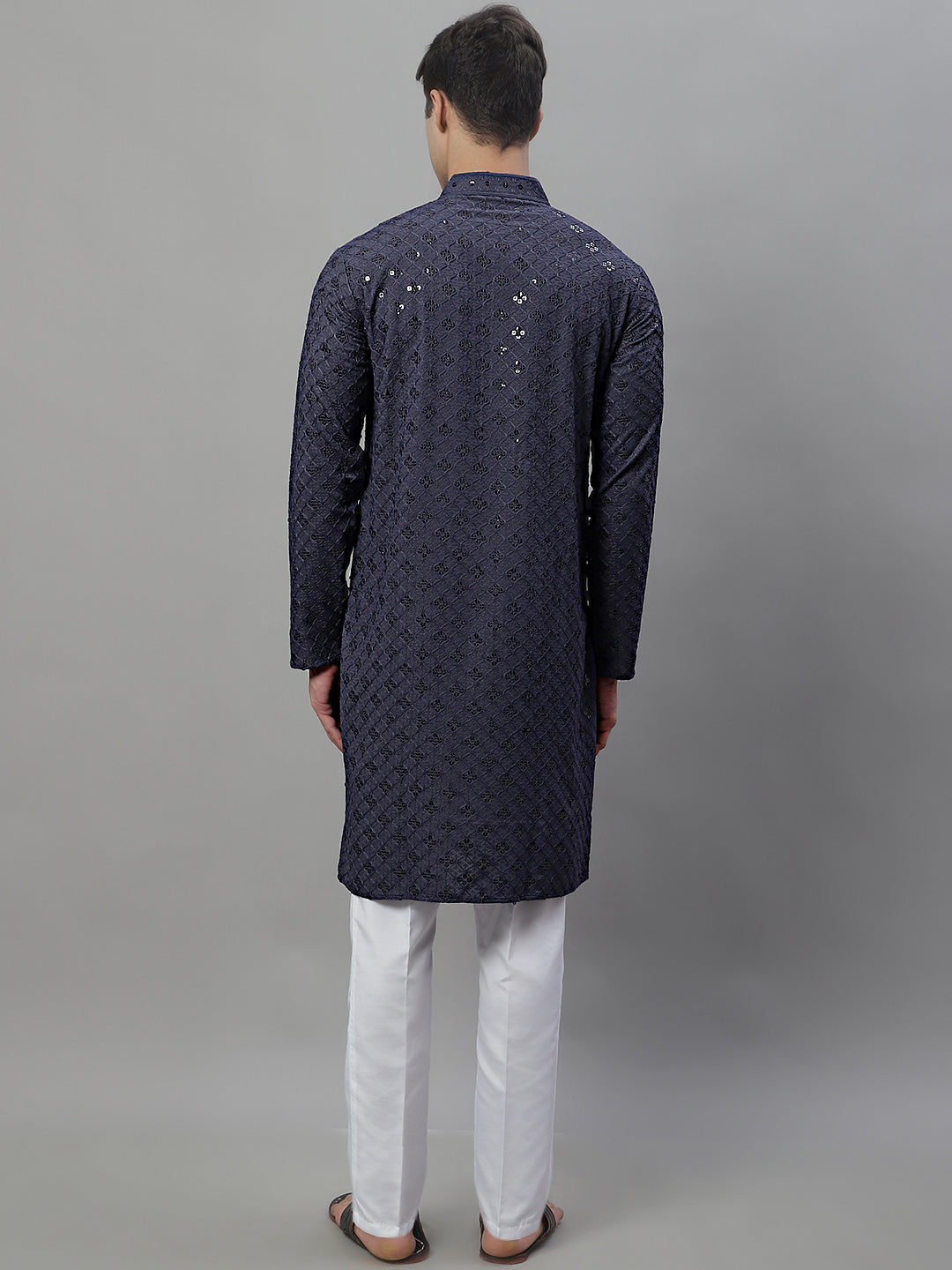 Jompers Men's Grey Chikankari Embroidered and Sequence Kurta with Pyjama
