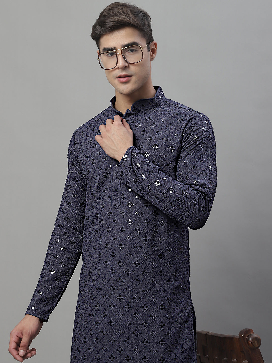 Jompers Men's Grey Chikankari Embroidered and Sequence Kurta with Pyjama