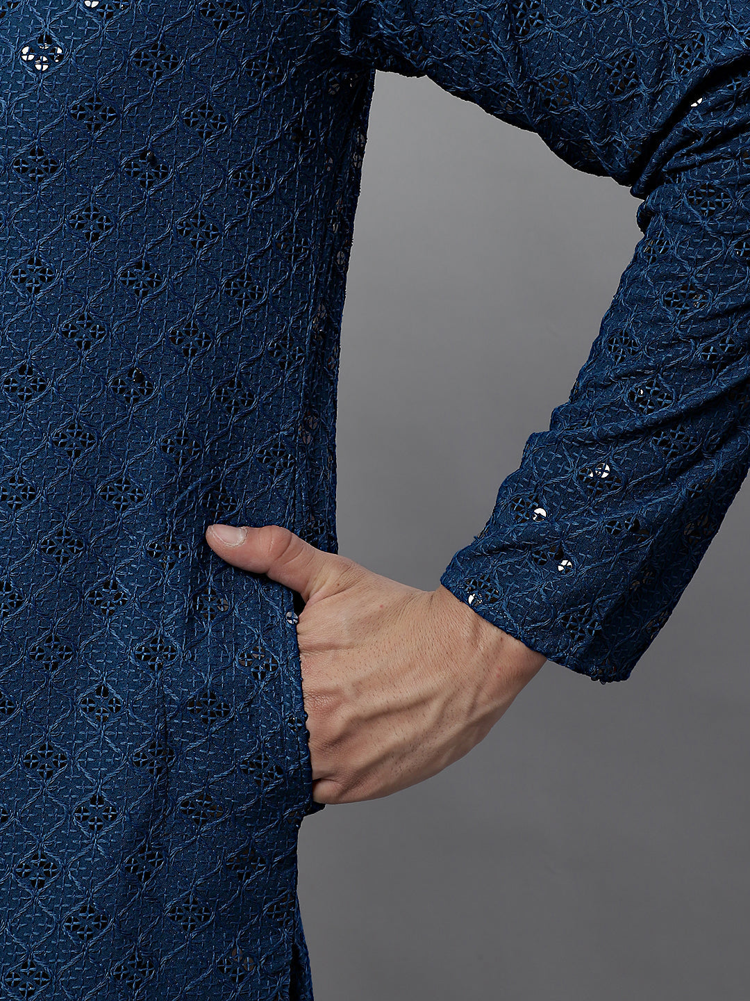 Jompers Men's Peacock Blue Chikankari Embroidered and Sequence Kurta with Pyjama