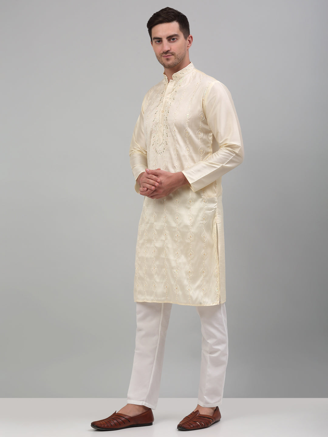 Jompers Men's Cream Embroidered Kurta with Pyjama