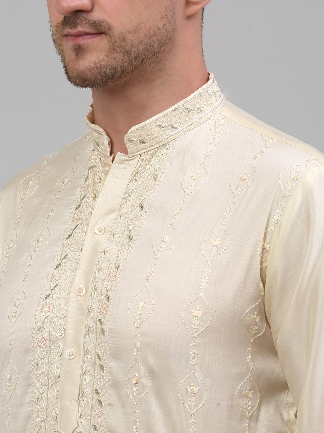 Jompers Men's Cream Embroidered Kurta with Pyjama
