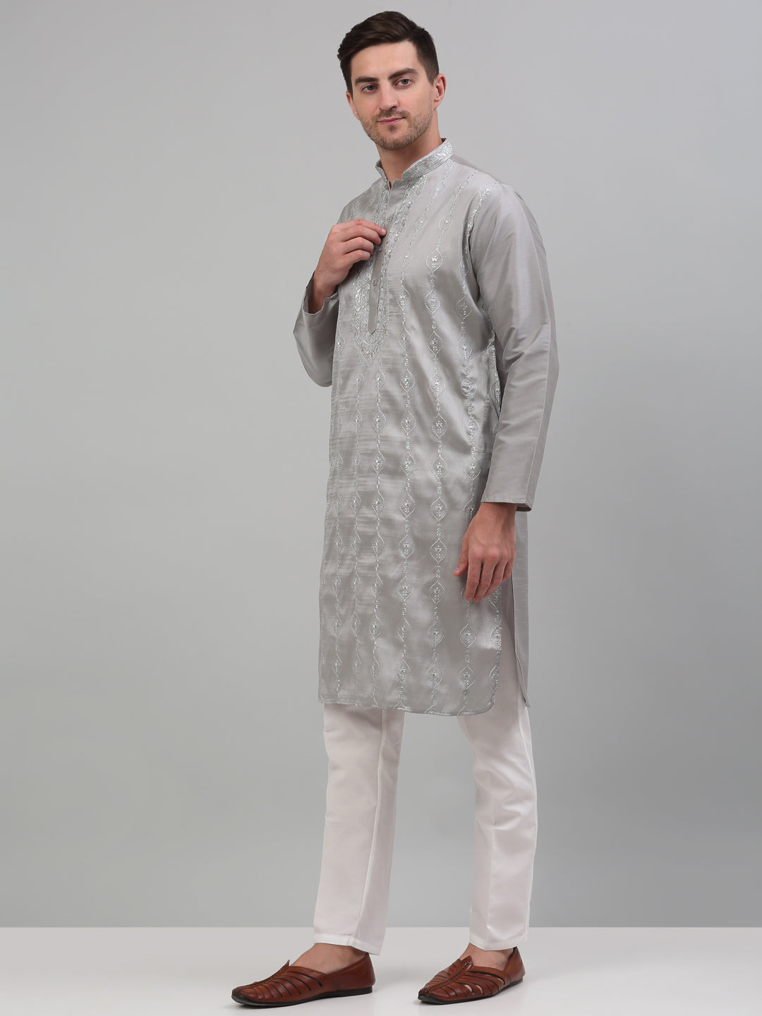 Jompers Men's Grey Embroidered Kurta with Pyjama