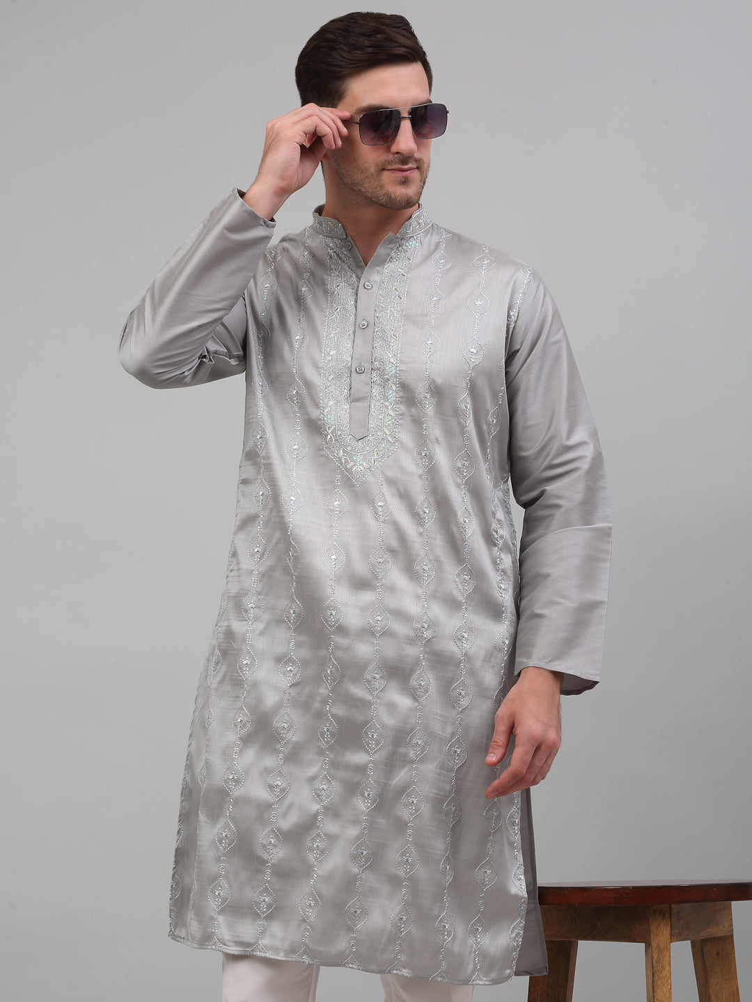 Jompers Men's Grey Embroidered Kurta with Pyjama
