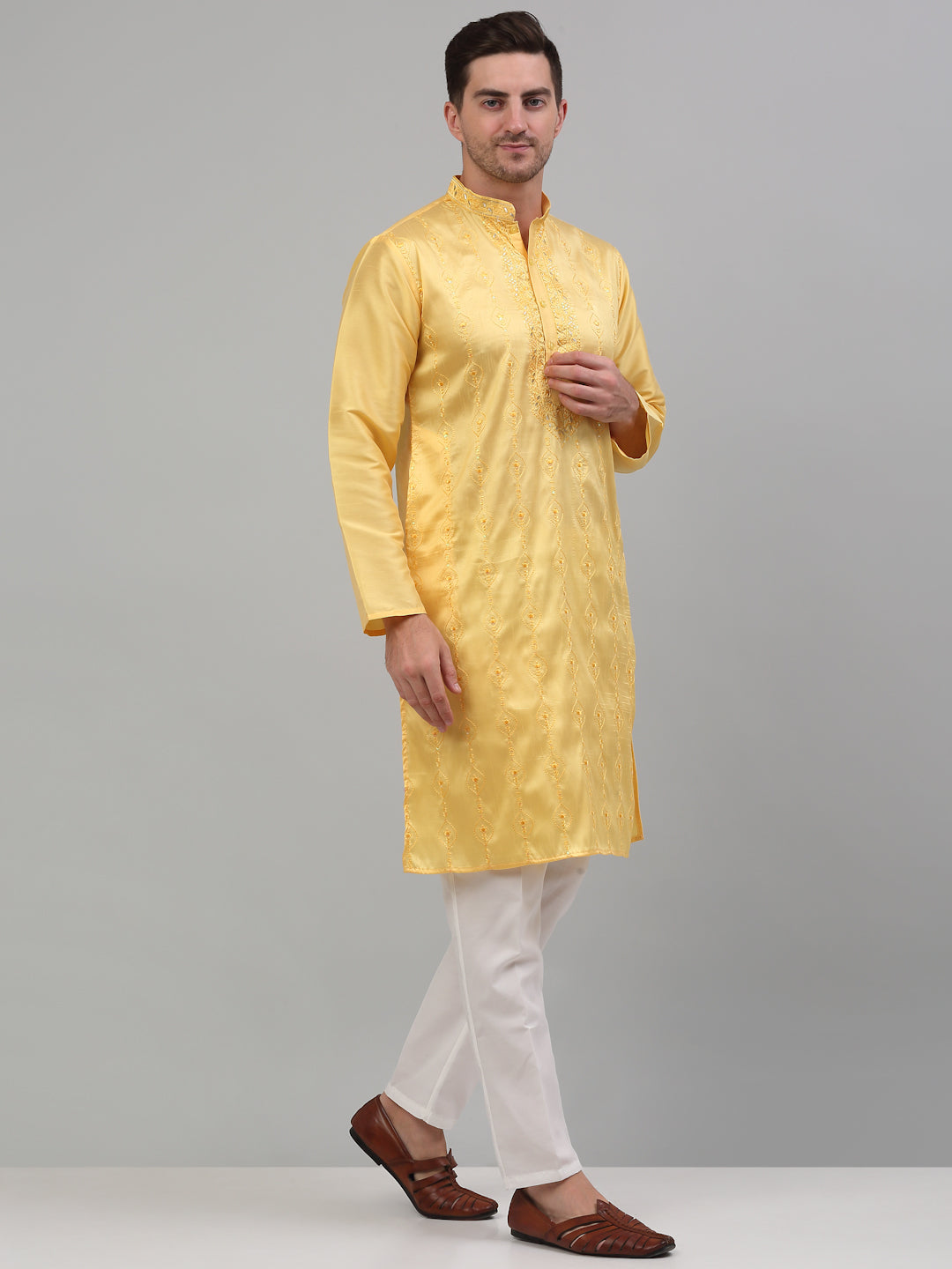 Jompers Men's Yellow Embroidered Kurta with Pyjama