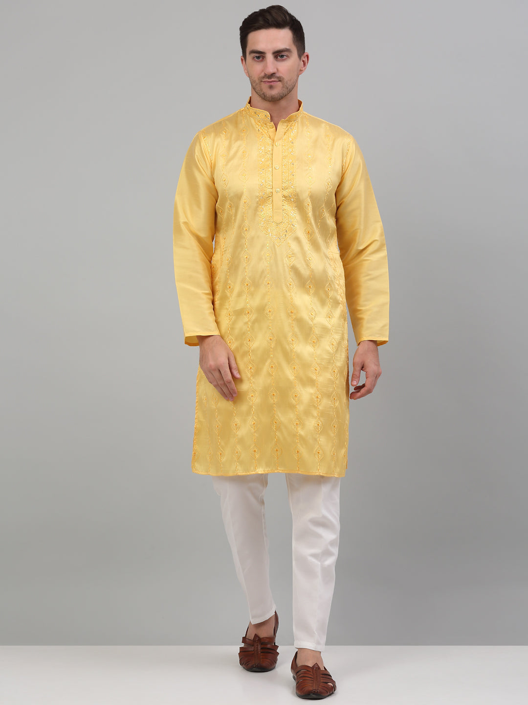 Jompers Men's Yellow Embroidered Kurta with Pyjama