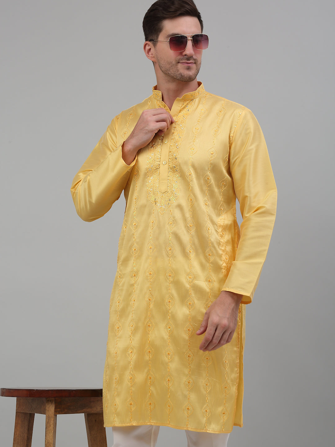 Jompers Men's Yellow Embroidered Kurta with Pyjama