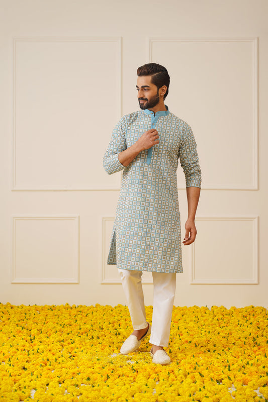 Jompers Men's Blue Embroidered Kurta with Pyjama