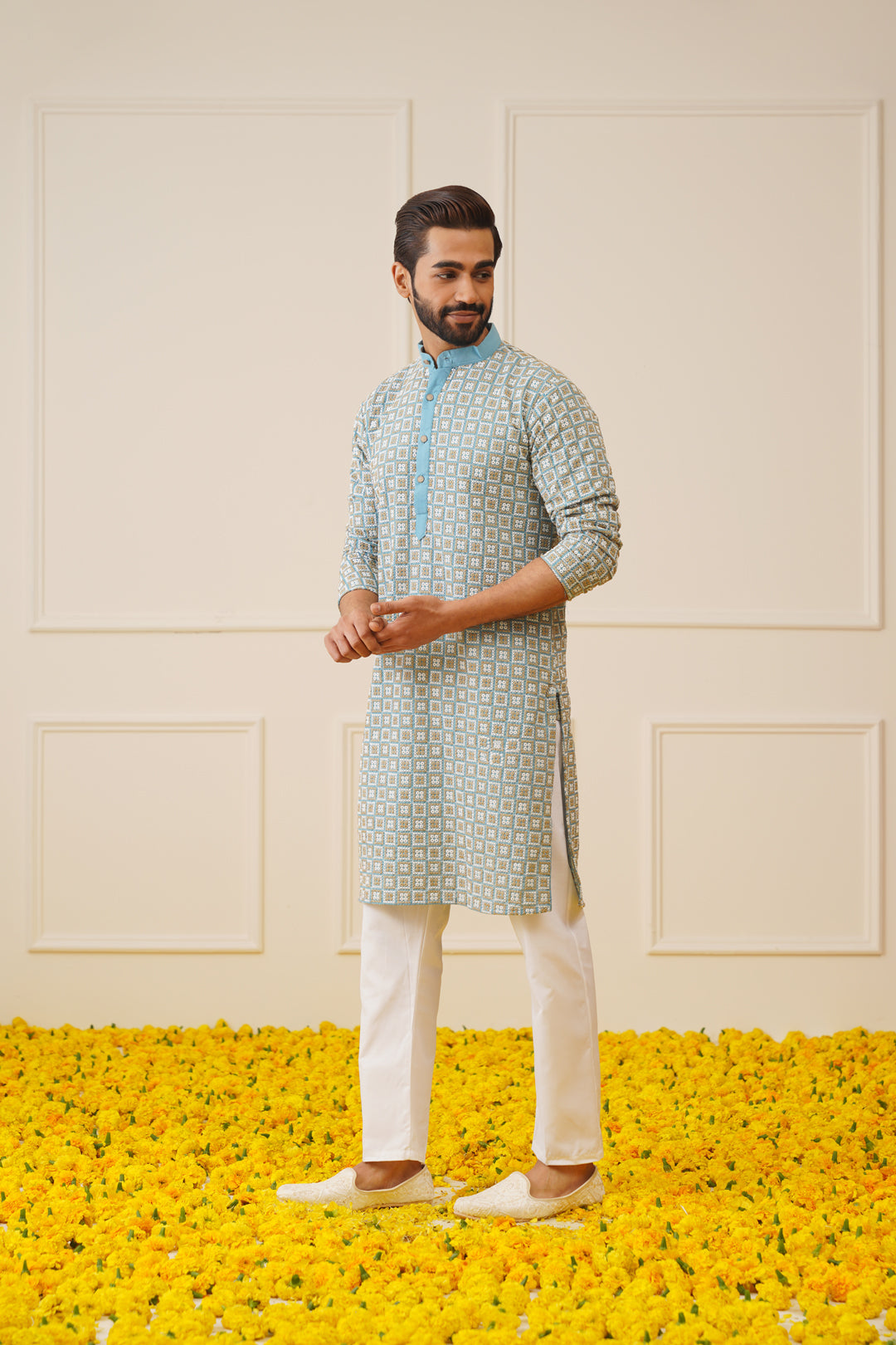 Jompers Men's Blue Embroidered Kurta with Pyjama