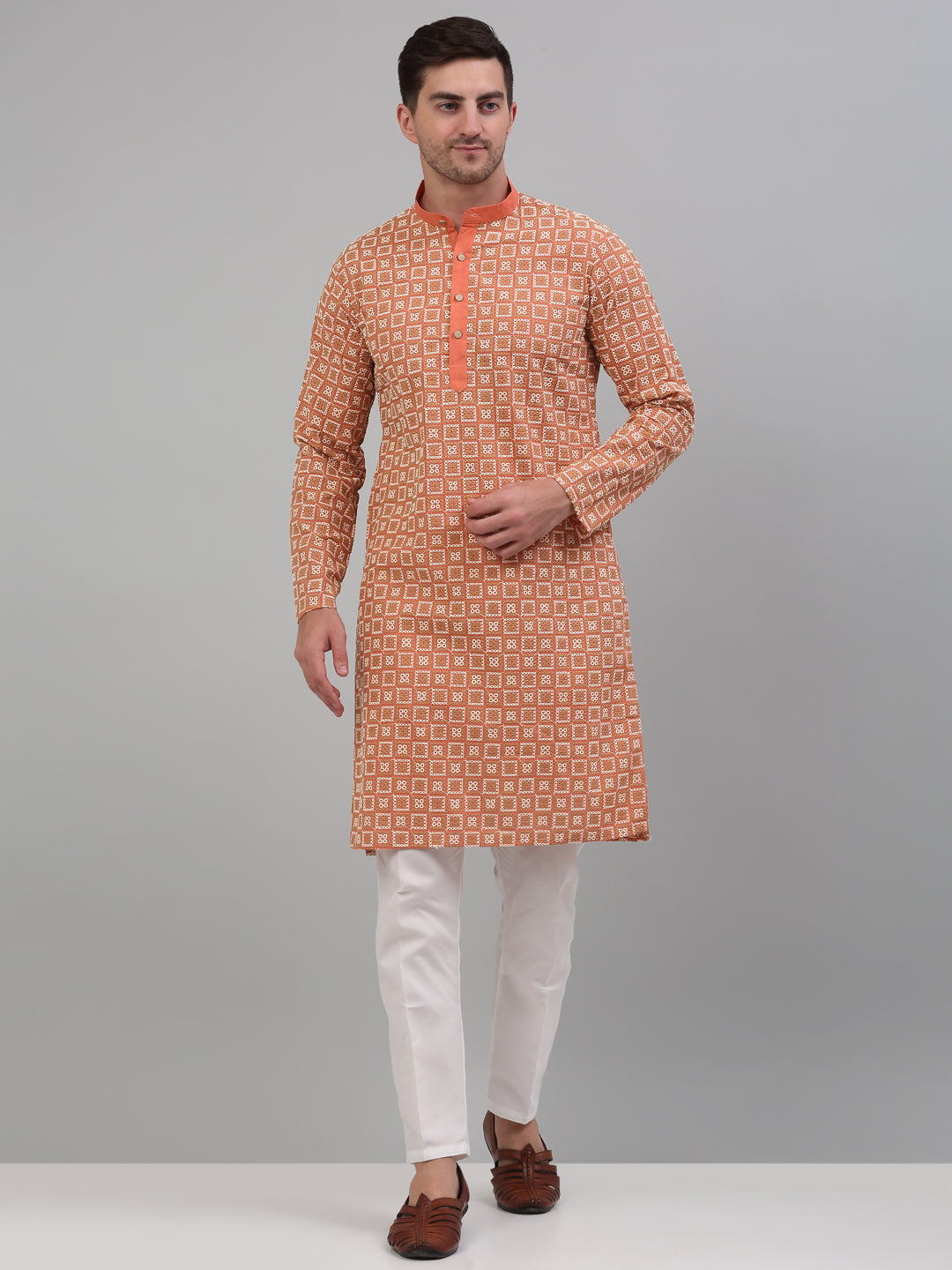 Jompers Men's Peach Embroidered Kurta with Pyjama