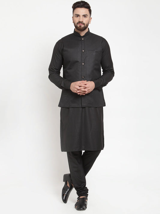 Jompers Men's Solid Kurta Pajama with Solid Waistcoat (Black)