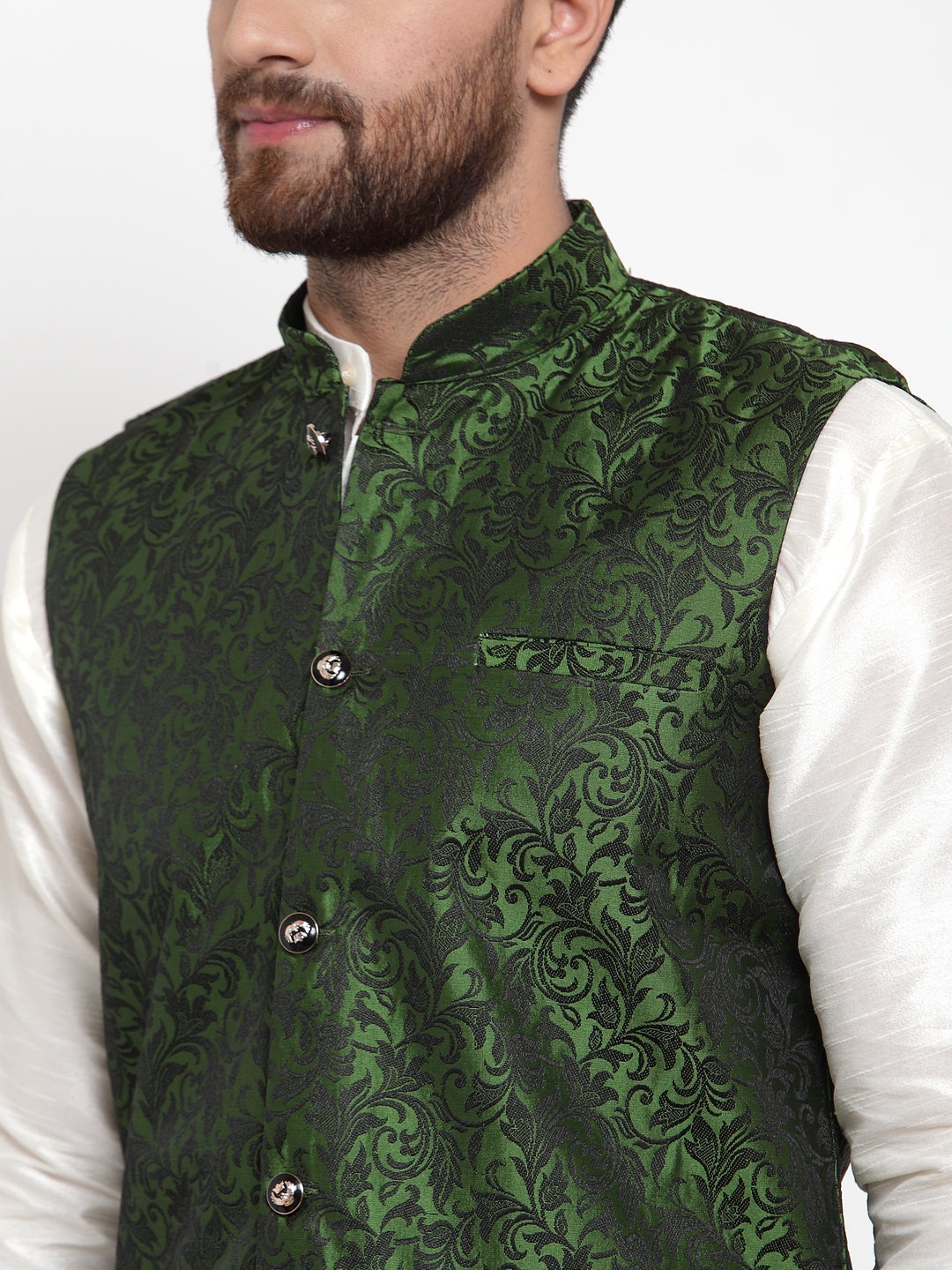 Jompers Men's Solid Dupion Kurta Pajama with Woven Jacquard Waistcoat (Mehndi)