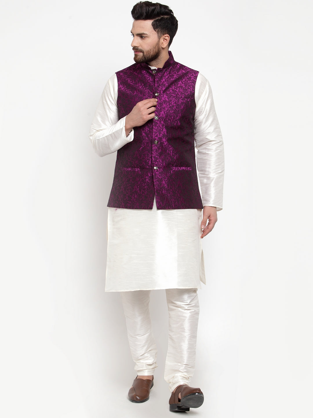 Jompers Men's Solid Dupion Kurta Pajama with Woven Jacquard Waistcoat (Purple)