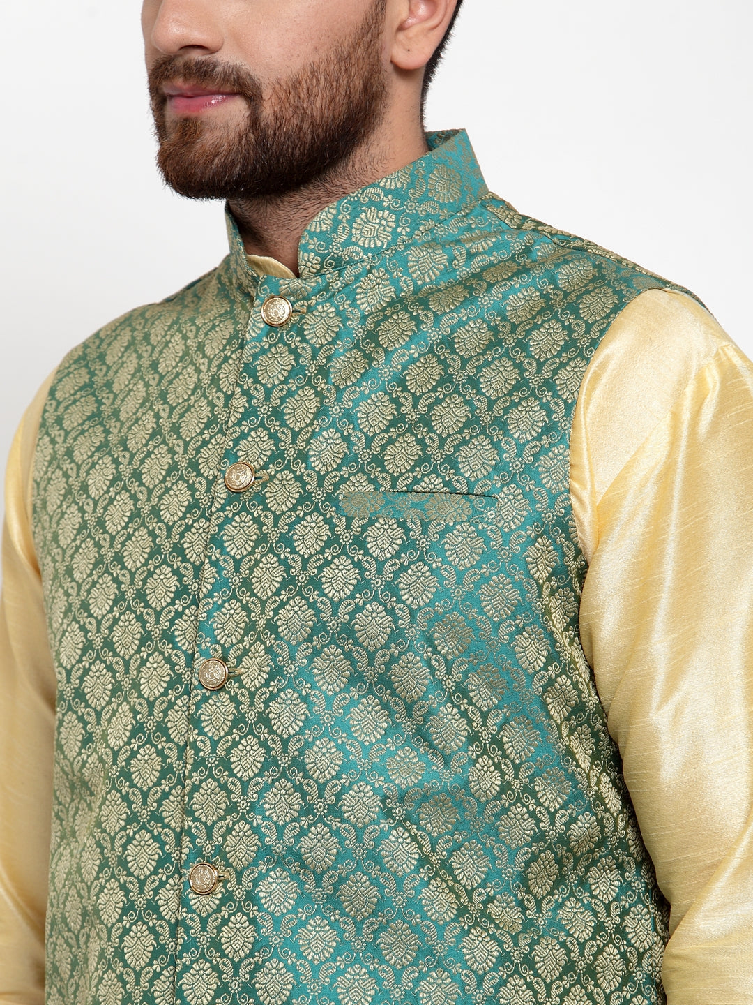 Jompers Men's Solid Dupion Kurta Pajama with Woven Jacquard Waistcoat (Green)