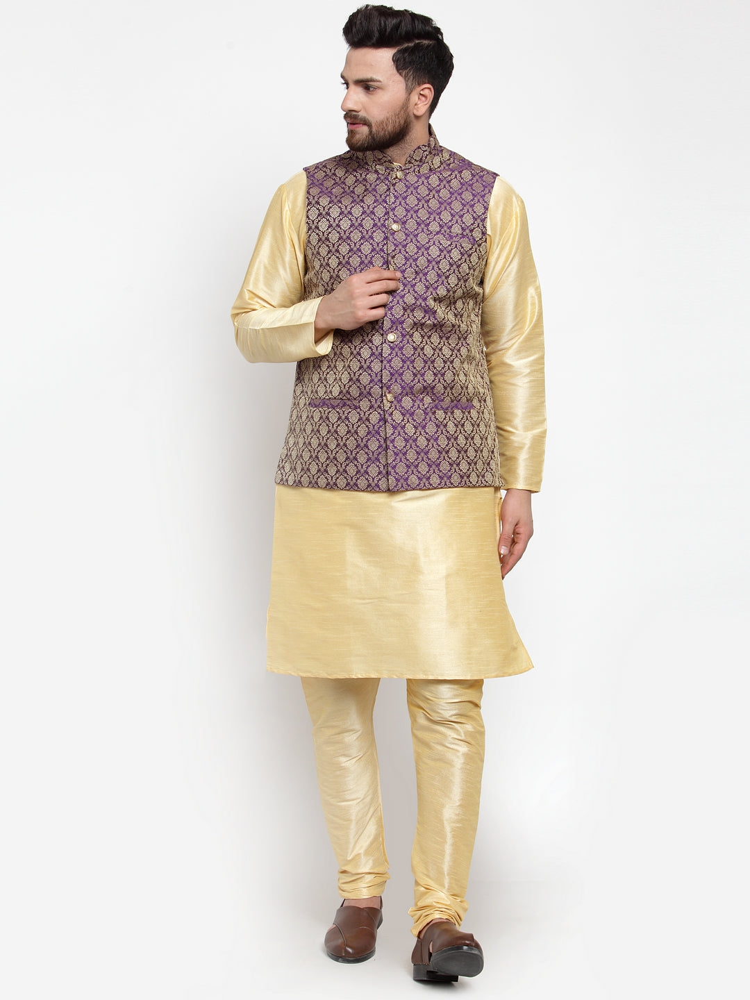Jompers Men Solid Dupion Kurta Pajama with Woven Jacquard Waistcoat (Purple)