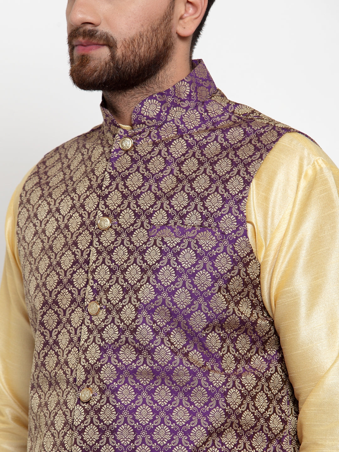 Jompers Men Solid Dupion Kurta Pajama with Woven Jacquard Waistcoat (Purple)