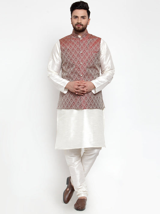 Jompers Men's Solid Dupion Kurta Pajama with Woven Jacquard Maroon Waistcoat