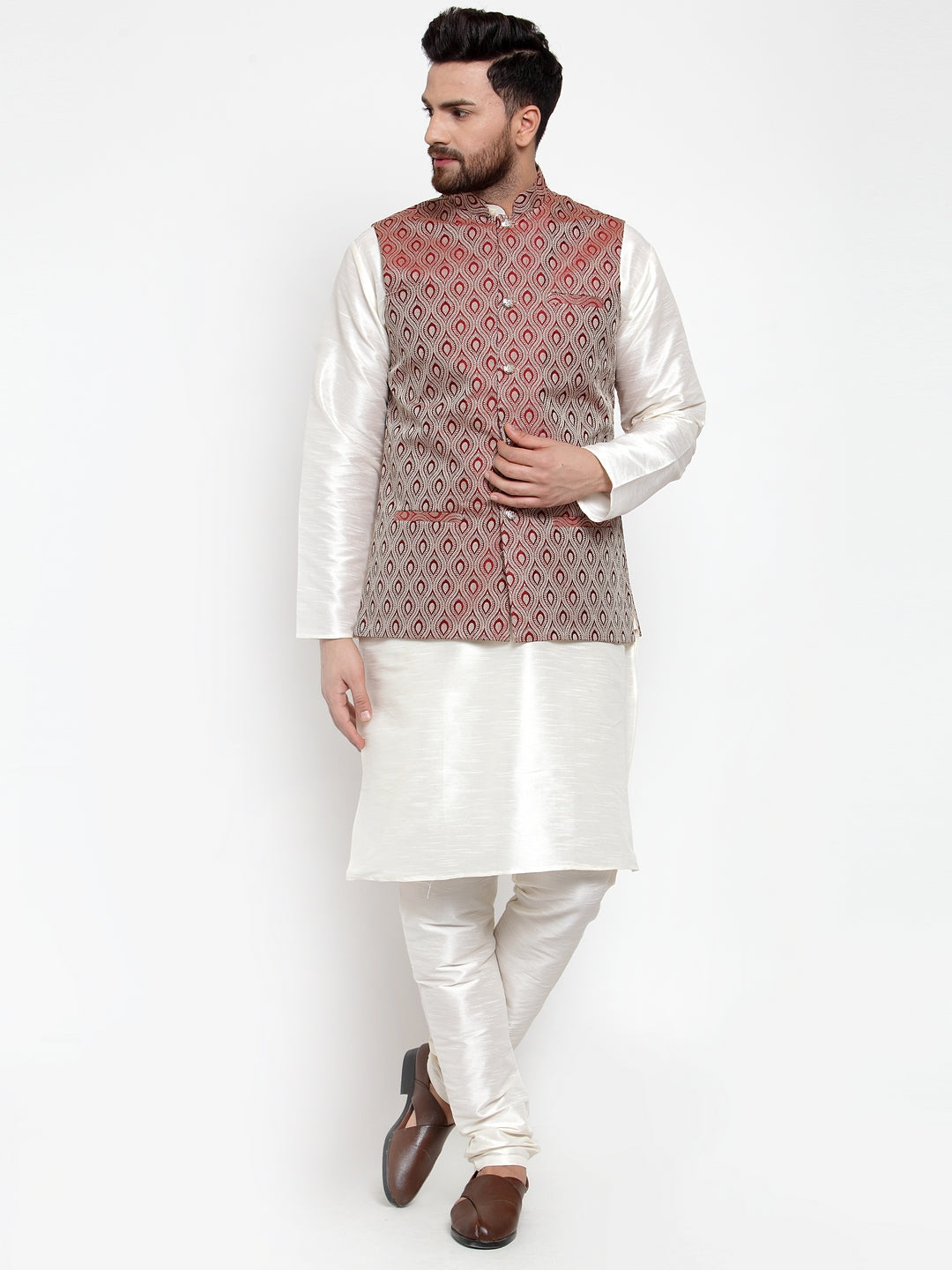 Jompers Men's Solid Dupion Kurta Pajama with Woven Jacquard Maroon Waistcoat