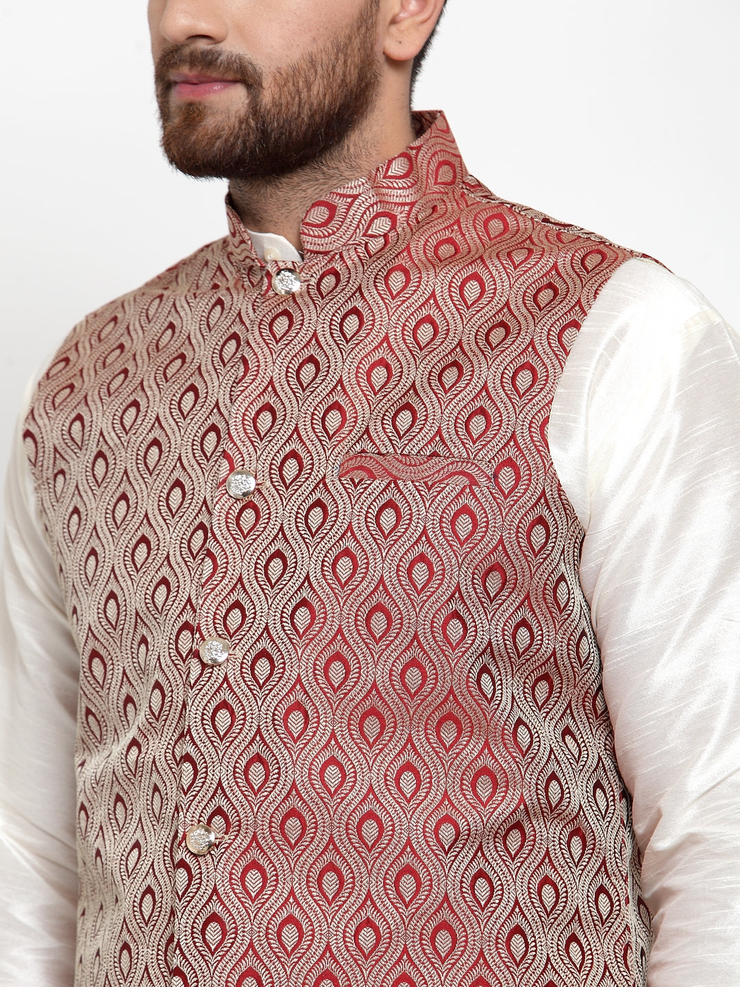 Jompers Men's Solid Dupion Kurta Pajama with Woven Jacquard Maroon Waistcoat