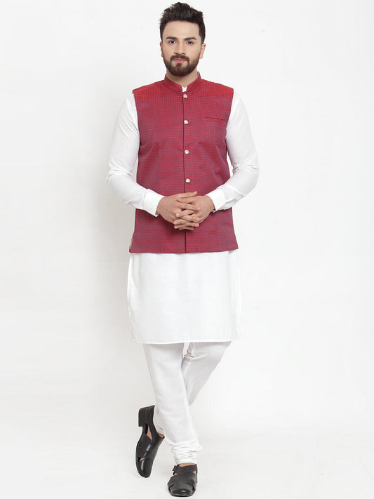 Jompers Men's Solid Cotton Kurta Pajama with Woven Jacquard Waistcoat (Maroon)