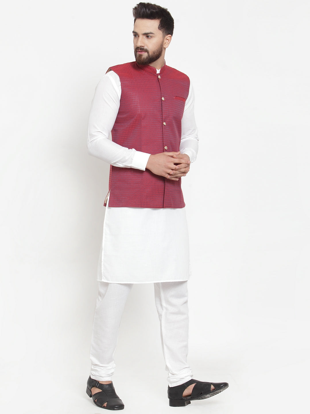 Jompers Men's Solid Cotton Kurta Pajama with Woven Jacquard Waistcoat (Maroon)