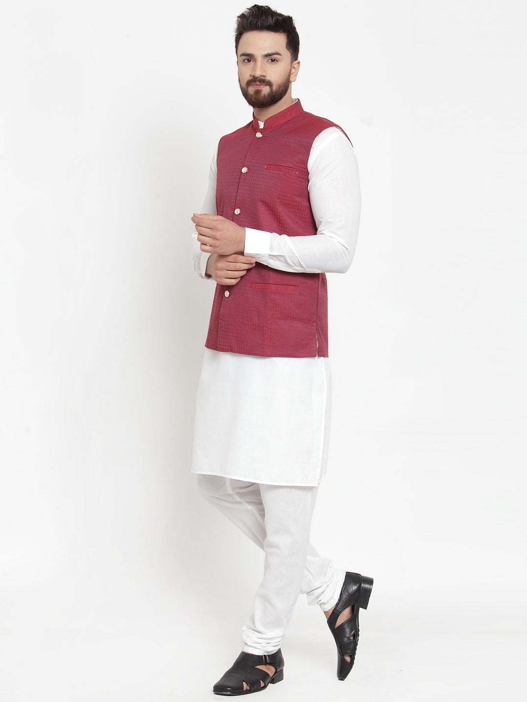 Jompers Men's Solid Cotton Kurta Pajama with Woven Jacquard Waistcoat (Maroon)